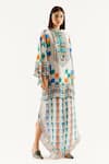 Rajdeep Ranawat_Grey Silk, Satin Geometric Band Collar Nylla Tunic And Flared Pant Set _Online_at_Aza_Fashions