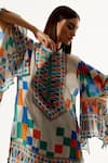 Rajdeep Ranawat_Grey Silk, Satin Geometric Band Collar Nylla Tunic And Flared Pant Set _at_Aza_Fashions
