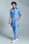 S&N by Shantnu Nikhil_Blue Cotton Crested Short Kurta_Online_at_Aza_Fashions