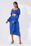 Buy Kalakaari By Sagarika Blue Crepe, Modal Silk Plain Sweetheart Neck Pleated Blouse And Draped Skirt Set at Aza Fashions Buy_Kalakaari By Sagarika_Blue Crepe, Modal Silk Plain Sweetheart Neck Pleated Blouse And Draped Skirt Set _at_Aza_Fashions
