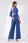 Shop_Kalakaari By Sagarika_Blue Chiffon Plain V Neck Pleated Top And Pant Set _at_Aza_Fashions