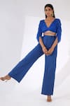 Buy_Kalakaari By Sagarika_Blue Chiffon Plain V Neck Pleated Top And Pant Set _Online_at_Aza_Fashions