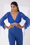 Shop_Kalakaari By Sagarika_Blue Chiffon Plain V Neck Pleated Top And Pant Set _Online_at_Aza_Fashions