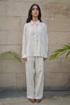 Buy_Tahweave_White Handloom Cotton Hand Printed Checkered Straight Collar Shirt _at_Aza_Fashions