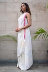 Tahweave_White Cotton Silk Hand Printed Checkered High Neck Asymmetric Kurta _Online_at_Aza_Fashions