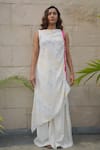 Buy_Tahweave_White Cotton Silk Hand Printed Checkered High Neck Asymmetric Kurta _Online_at_Aza_Fashions