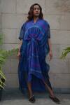 Buy_Tahweave_Blue Cotton Silk Hand Printed Striped Round Embroidered Kaftan _at_Aza_Fashions