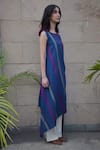 Tahweave_Blue Cotton Silk Hand Printed Striped Boat Neck Asymmetric Kurta _Online_at_Aza_Fashions