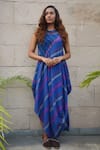 Buy_Tahweave_Blue Cotton Silk Hand Printed Striped High Neck Cowl Dress _at_Aza_Fashions