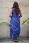 Shop_Tahweave_Blue Cotton Silk Hand Printed Striped High Neck Cowl Dress _at_Aza_Fashions