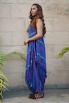 Tahweave_Blue Cotton Silk Hand Printed Striped High Neck Cowl Dress _Online_at_Aza_Fashions