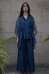 Buy_Tahweave_Blue Muslin Hand Printed Striped Straight Collar Angrakha Top _at_Aza_Fashions