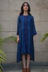 Buy_Tahweave_Blue Muslin Hand Printed Striped Round High Low Kurta _at_Aza_Fashions