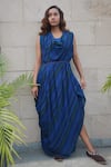 Buy_Tahweave_Blue Muslin Hand Printed Striped Cowl Neck Dress_at_Aza_Fashions