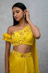 Buy_Isha Gupta Tayal_Yellow Satin Silk Cutdana Work One Shoulder Draped Top And Skirt Set _Online_at_Aza_Fashions