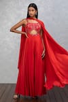 Buy_ISHA GUPTA TAYAL_Orange Crepe Cutdana, Dabka Square Neck Front Cutout Jumpsuit With Dupatta _at_Aza_Fashions