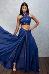 Buy_ISHA GUPTA TAYAL_Blue Chiffon Silk Dabka And Cutdana Work Halter Neck Top & Overlay Pant Set _at_Aza_Fashions