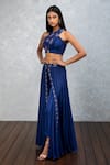 ISHA GUPTA TAYAL_Blue Chiffon Silk Dabka And Cutdana Work Halter Neck Top & Overlay Pant Set _Online_at_Aza_Fashions