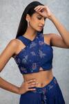 Buy_ISHA GUPTA TAYAL_Blue Chiffon Silk Dabka And Cutdana Work Halter Neck Top & Overlay Pant Set _Online_at_Aza_Fashions