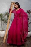 Buy_ISHA GUPTA TAYAL_Pink Silk, Georgette Cutdana, Floral, Beads, Dabka V Neck Draped Sleeve Gown _at_Aza_Fashions