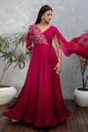 ISHA GUPTA TAYAL_Pink Silk, Georgette Cutdana, Floral, Beads, Dabka V Neck Draped Sleeve Gown _Online_at_Aza_Fashions