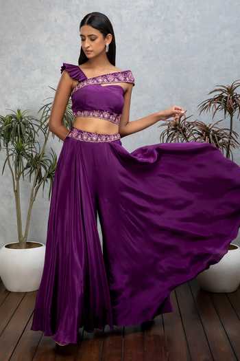 Buy_ISHA GUPTA TAYAL_Purple Crepe Cutdana, Dabka Work, Zari Sweetheart Pleated Sharara And Crop Top _at_Aza_Fashions