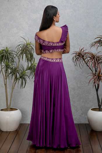 Shop_ISHA GUPTA TAYAL_Purple Crepe Cutdana, Dabka Work, Zari Sweetheart Pleated Sharara And Crop Top _at_Aza_Fashions
