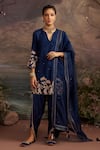 Buy_Ajiesh Oberoi_Blue Dupion Silk Embroidery Gota Patti Notched Palak Short Kurta Dhoti Pant Set _at_Aza_Fashions