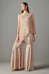 Rabani & Rakha_Beige Crepe, Dupion Floral Motifs Asymmetric Kurta And Gharara Set _Online_at_Aza_Fashions