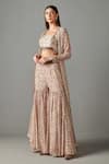 Buy_Rabani & Rakha_Beige Georgette, Dupion Floral Motifs Blouse V Neck And Print Gharara Set With _Online_at_Aza_Fashions
