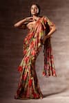 Buy_Ruhr India_Red Silk Chinon Printed Digital Ruffle Pre-stitched Saree With Blouse  _at_Aza_Fashions