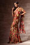 Ruhr India_Red Silk Chinon Printed Digital Ruffle Pre-stitched Saree With Blouse  _Online_at_Aza_Fashions