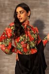 Buy_Ruhr India_Red Chiffon, Silk Chinon Digital , Foil High Neck Floral Top _at_Aza_Fashions