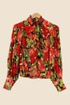 Shop_Ruhr India_Red Chiffon, Silk Chinon Digital , Foil High Neck Floral Top _Online_at_Aza_Fashions