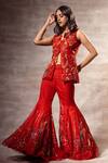 Buy_Ruhr India_Red Silk Organza Bead Work, Sequins Floral Embroidered Jacket And Sharara Set _at_Aza_Fashions