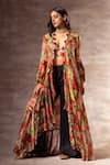 Buy_Ruhr India_Red Digital Print, Foil Print, Sequin And Shells Open Floral Jacket _at_Aza_Fashions
