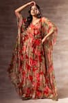 Buy_Ruhr India_Red Bamberg Chiffon Bead Work, Digital , Foil V Neck Floral Kaftan _at_Aza_Fashions