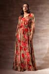 Ruhr India_Red Bamberg Chiffon Bead Work, Digital , Foil V Neck Floral Kaftan _Online_at_Aza_Fashions