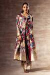 Ruhr India_Multi Color Matka Raw Silk Printed Ikat Trench Coat With Belt For Women_Online_at_Aza_Fashions