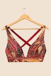 Shop_Ruhr India_Multi Color Dupion Bead Work, Digital Print V Neck Ikat Raw Silk Bralette _at_Aza_Fashions