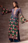 Buy_Ruhr India_Blue Crepe Glass Beads, Sequins, Lotus Print Round Notched Kurta _at_Aza_Fashions