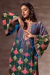 Buy_Ruhr India_Blue Crepe Glass Beads, Sequins, Lotus Print Round Notched Kurta _Online_at_Aza_Fashions