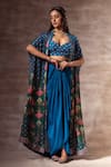 Buy_Ruhr India_Blue Chiffon Hand Embroidered Thread Work Mandarin Collar Lotus Print Cape _at_Aza_Fashions