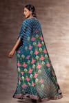 Shop_Ruhr India_Blue Chiffon Hand Embroidered Thread Work Mandarin Collar Lotus Print Cape _at_Aza_Fashions