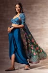 Buy_Ruhr India_Blue Chiffon Hand Embroidered Thread Work Mandarin Collar Lotus Print Cape _Online_at_Aza_Fashions