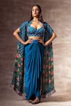 Buy_Ruhr India_Blue Chiffon Hand Embroidered Floral Print Crop Top And Draped Skirt Set _at_Aza_Fashions