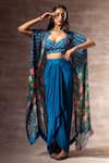 Shop_Ruhr India_Blue Chiffon Hand Embroidered Floral Print Crop Top And Draped Skirt Set _at_Aza_Fashions