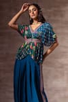 Buy_Ruhr India_Blue Chiffon Hand Embroidered Glass Beads Round Lotus Print Kaftan Top  _at_Aza_Fashions