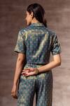 Shop_Ruhr India_Blue Chanderi, Cotton Silk Muslin Digital Print Lapel Metallic Cropped Shirt_at_Aza_Fashions