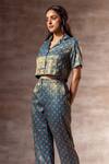 Buy_Ruhr India_Blue Chanderi, Cotton Silk Muslin Digital Print Lapel Metallic Cropped Shirt_Online_at_Aza_Fashions